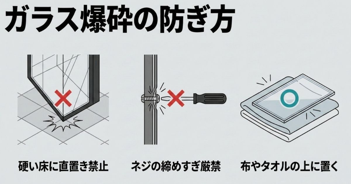 強化ガラスの破損を防ぐために、硬い床への直置きやネジの締めすぎを避け、布やタオルの上に置くことを推奨する図