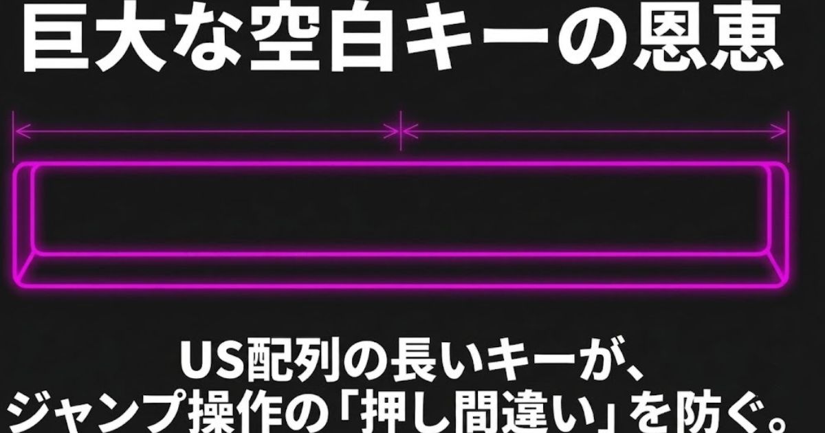 巨大な空白キーがゲーム中のジャンプ操作などの押し間違いを防ぐ恩恵を説明するスライド