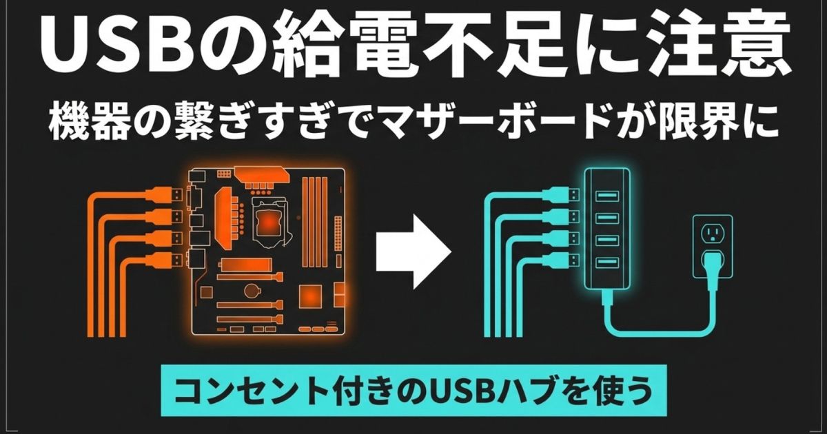 USB機器の繋ぎすぎによる給電不足を防ぐためのセルフパワー型ハブの利用
