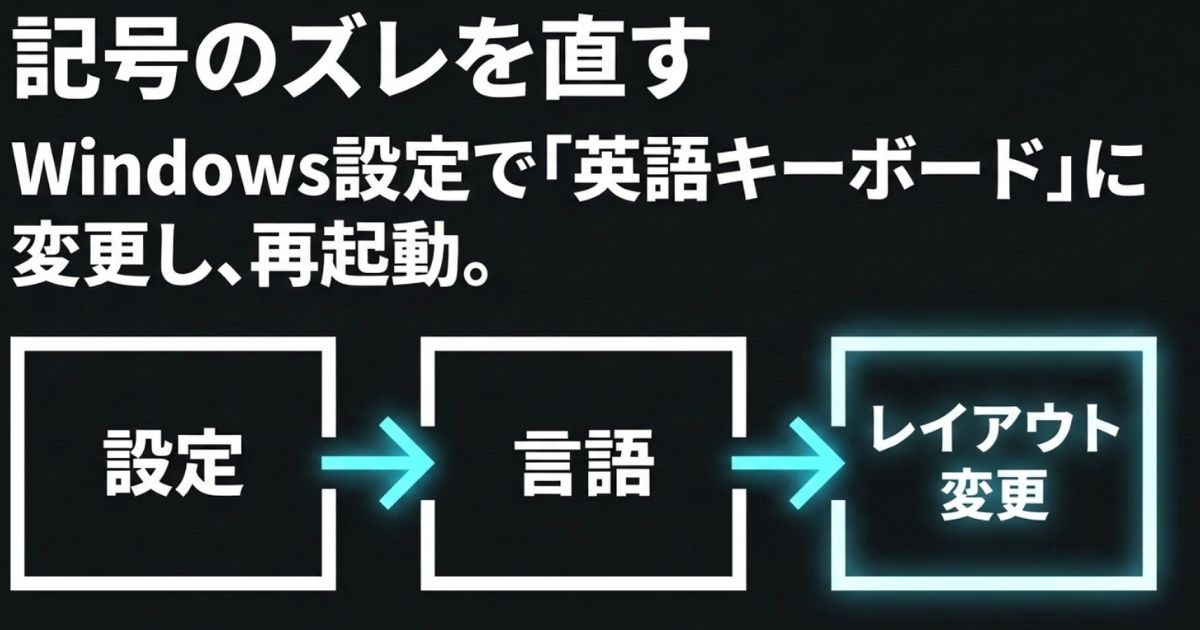 Windowsの設定画面から言語、レイアウトと進み、英語キーボードに変更する手順を示す図