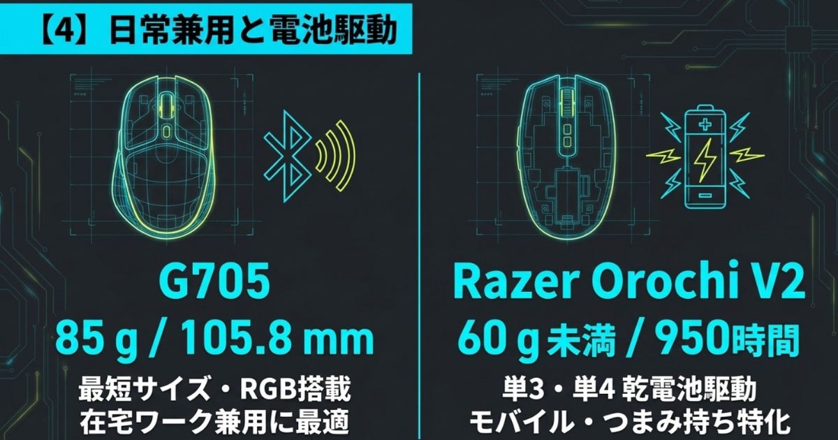 Logicool G705とRazer Orochi V2の特徴、重量、寸法などのスペック比較