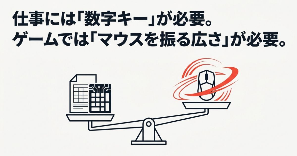 仕事には数字キーが必要で、ゲームではマウスを振る広さが必要であることを示す天秤のイラスト