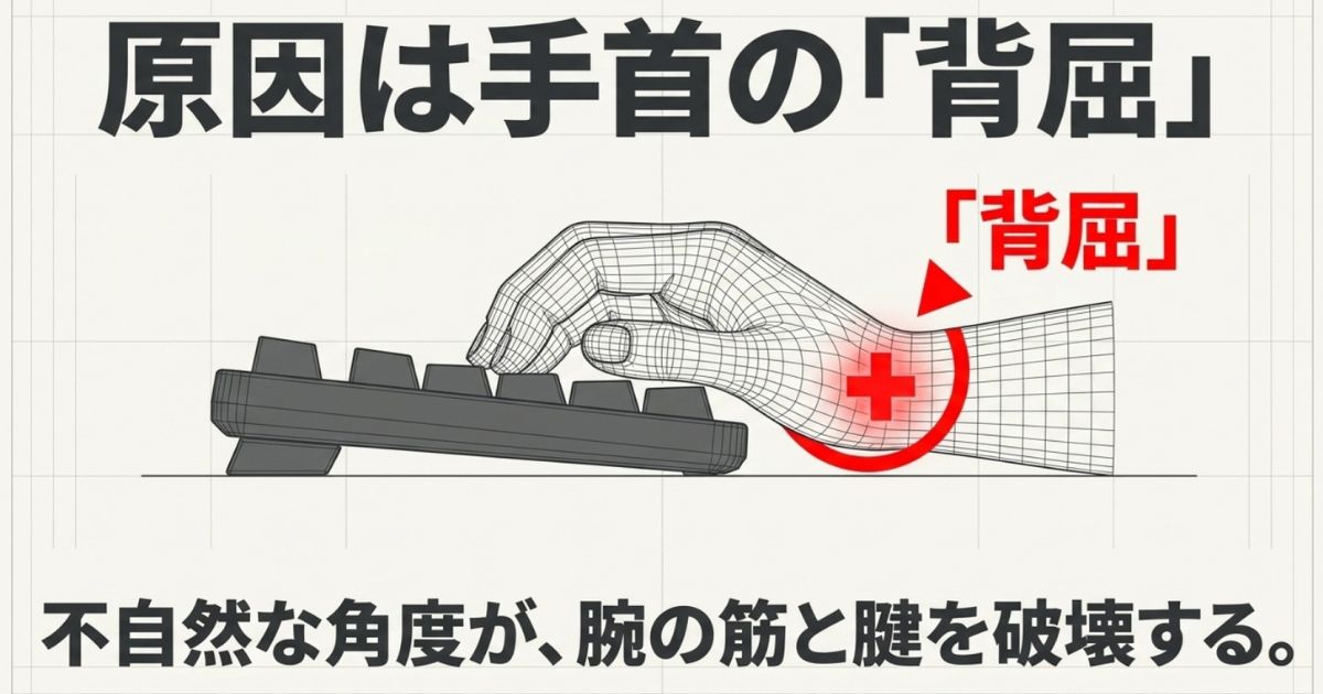 キーボード操作時に手首が不自然な角度に反り返る背屈状態の解説図