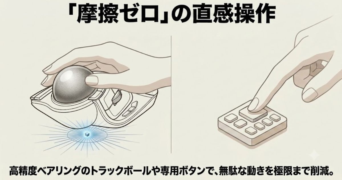 高精度ベアリングのトラックボールや専用ボタンで無駄な動きを極限まで削減する直感操作