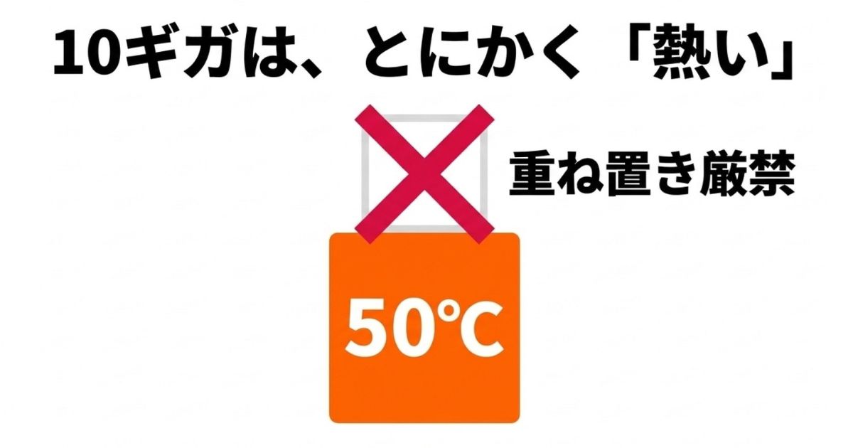 10ギガハブは発熱するため重ね置きが厳禁であり、50度に達することを示す図