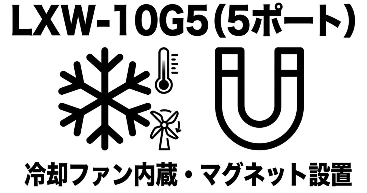 LXW-10G5の冷却ファンとマグネット設置機能を示す図