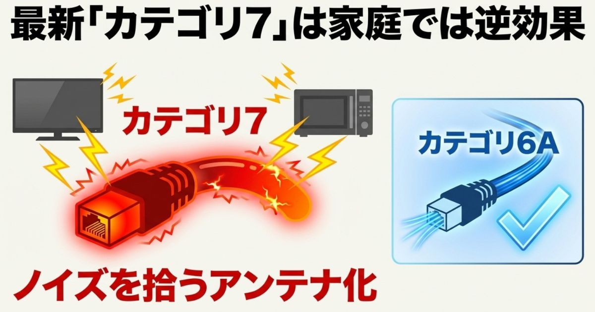 カテゴリ7のLANケーブルはノイズを拾うアンテナ化するため、家庭用にはカテゴリ6Aが推奨されることを示す図