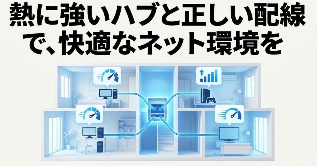 熱に強いハブと正しい配線で、快適なネット環境を構築することを示すまとめのスライド