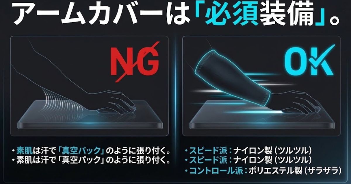 汗による素肌の張り付きを防ぐためアームカバーは必須であり、スピード派にはナイロン製、コントロール派にはポリエステル製が最適であるという解説