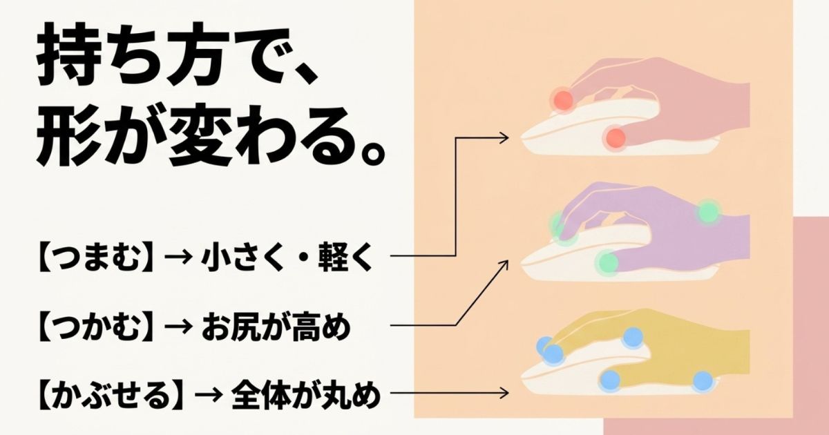 つまみ持ち・つかみ持ち・かぶせ持ちの3つの持ち方に合わせた適切なマウス形状の解説
