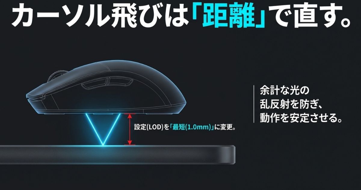 マウスのカーソル飛びを防ぐため、LOD設定を最短の1.0mmに変更して余計な光の乱反射を防ぐ方法