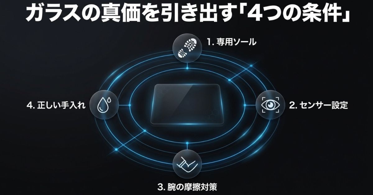 専用ソール、センサー設定、腕の摩擦対策、正しい手入れという、ガラス製マウスパッドの真価を引き出すための4つの必須条件