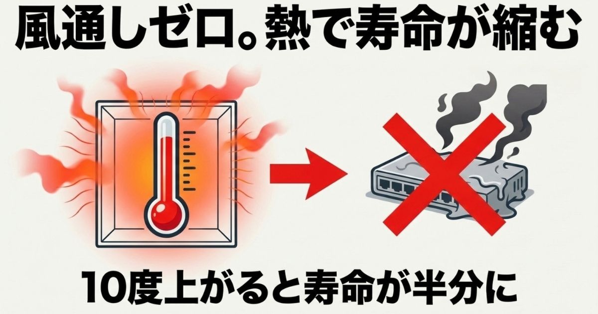 風通しゼロの環境では温度が10度上がるとハブの寿命が半分になるという10℃2倍則の解説