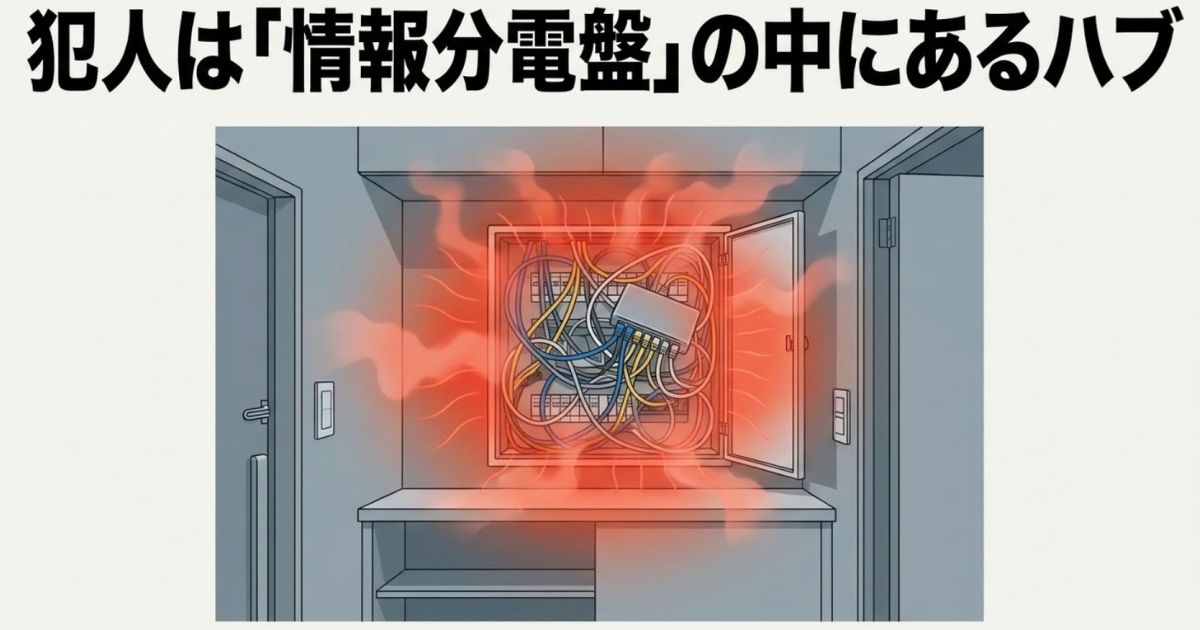 熱がこもって赤くなっている情報分電盤の中のスイッチングハブのイラスト