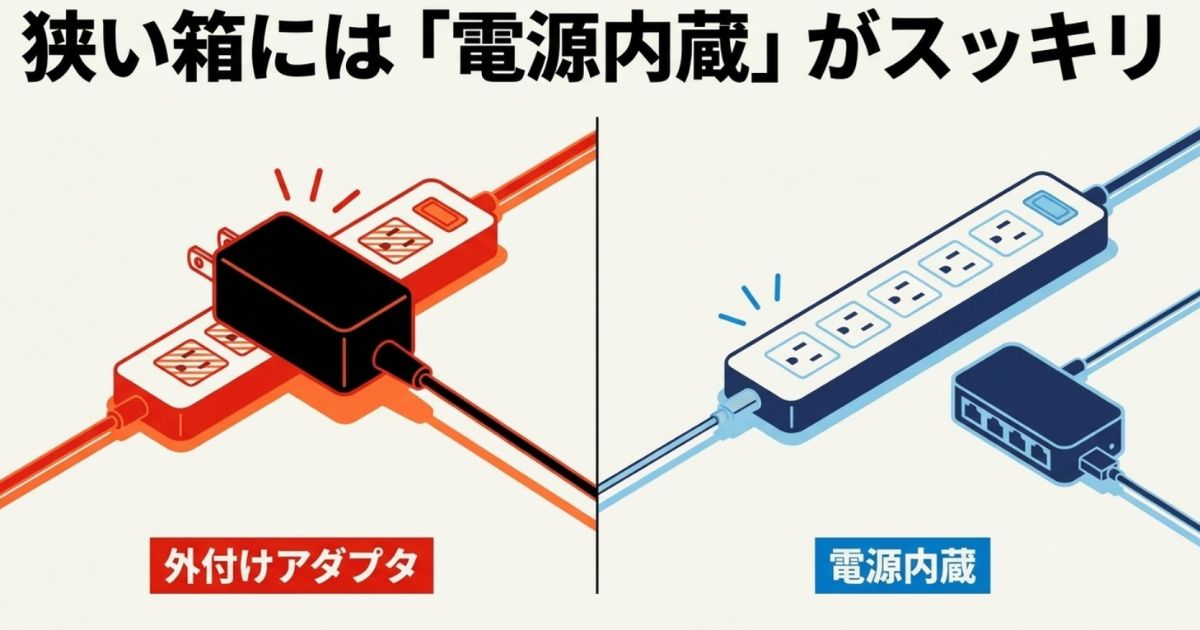 外付けアダプタと電源内蔵型の比較図。狭い分電盤には電源内蔵がスッキリまとまる
