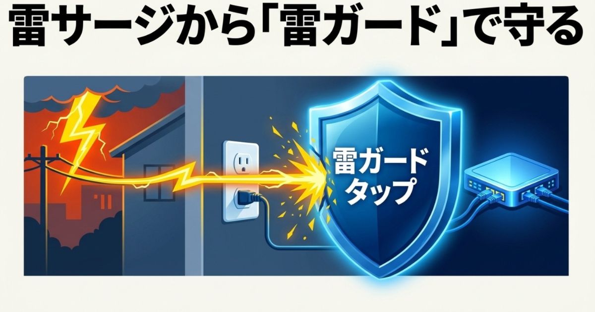 誘導雷などの雷サージからネットワーク機器を守る雷ガードタップのイメージイラスト