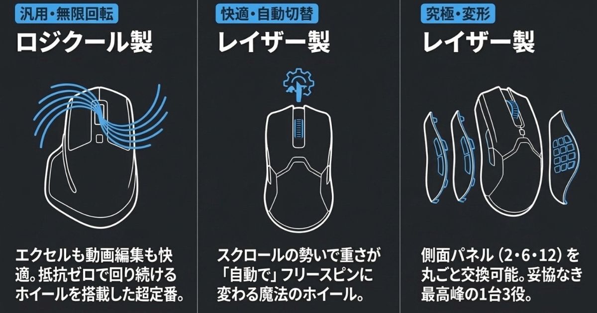 汎用と無限回転のロジクール製、快適と自動切替のレイザー製、究極と変形のレイザー製マウス。