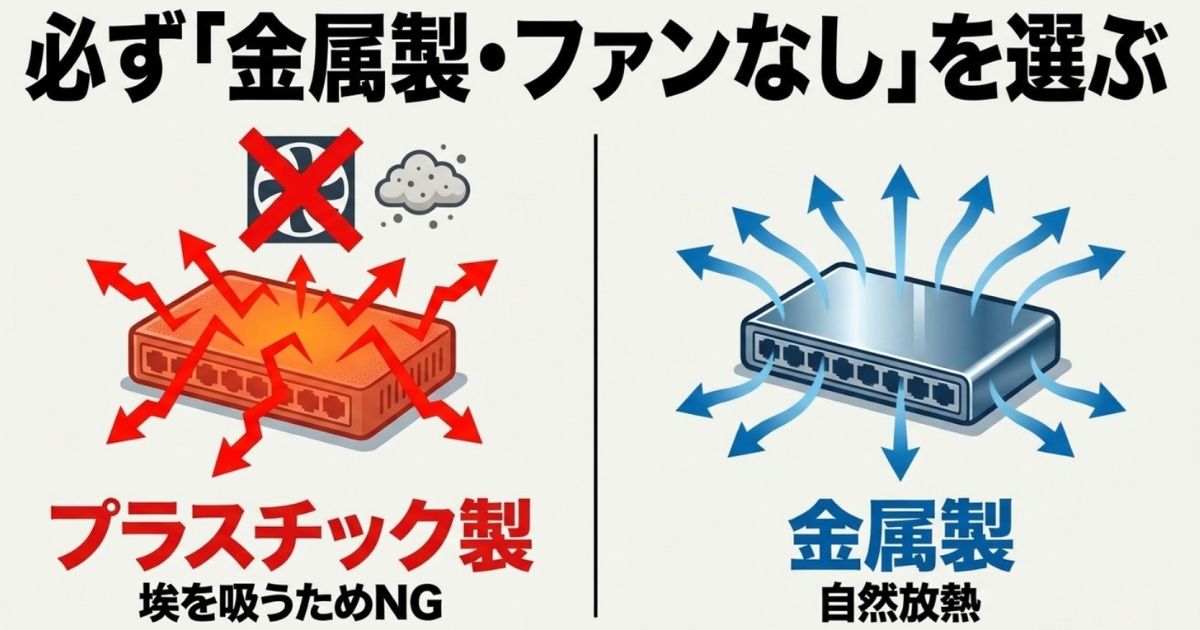 プラスチック製は埃を吸うためNG、金属製は自然放熱できるため推奨することを示す図