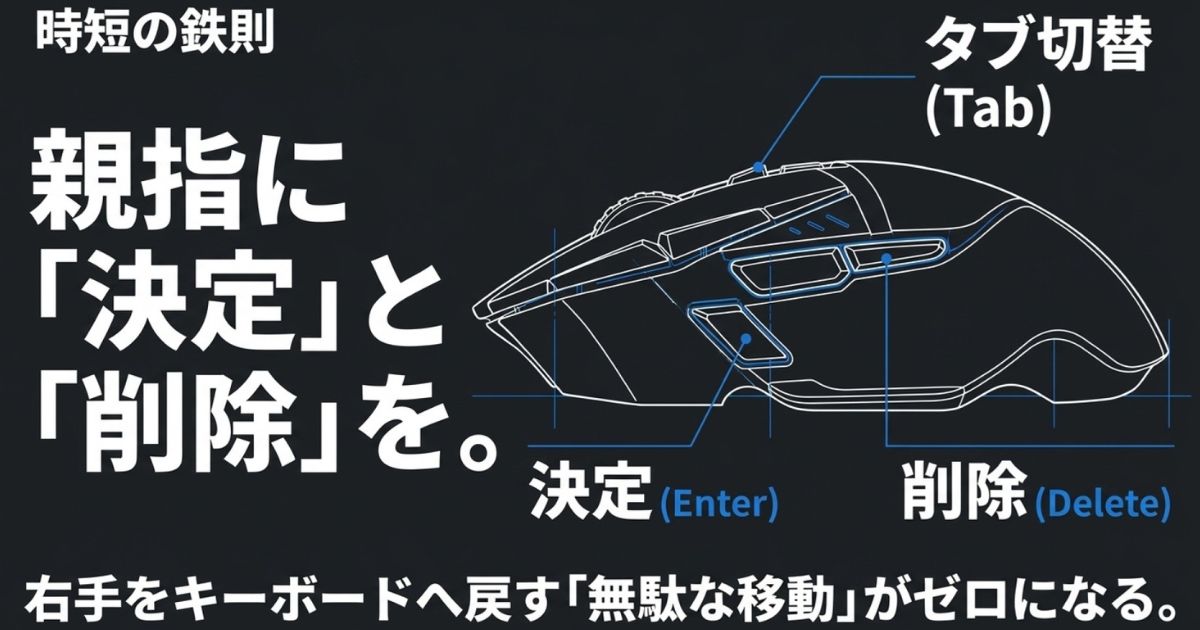 時短の鉄則。親指に「決定(Enter)」と「削除(Delete)」を割り当てることで右手の無駄な移動をなくす。