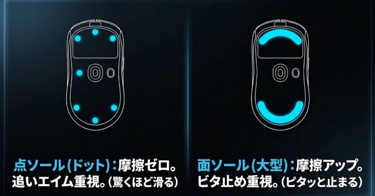 摩擦ゼロで追いエイム重視の点ソール(ドットソール)と、摩擦がアップしビタ止め重視の面ソール(大型ソール)の使い分け解説
