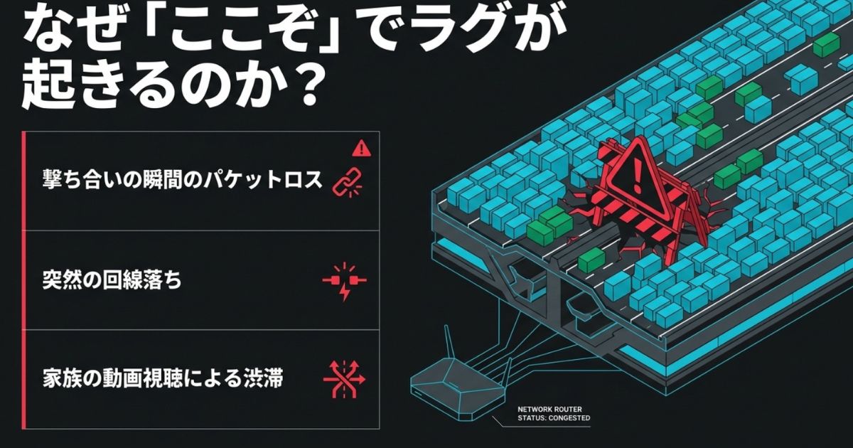 撃ち合いの瞬間のパケットロスや動画視聴によるネットワーク渋滞のイメージ