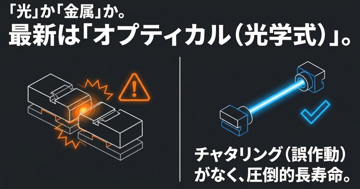 光か金属か。チャタリングによる誤作動がなく、圧倒的長寿命な最新のオプティカル(光学式)スイッチ。