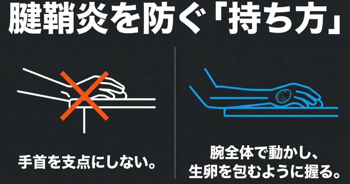 腱鞘炎を防ぐマウスの持ち方。手首を支点にせず腕全体で動かし、生卵を包むように握る。