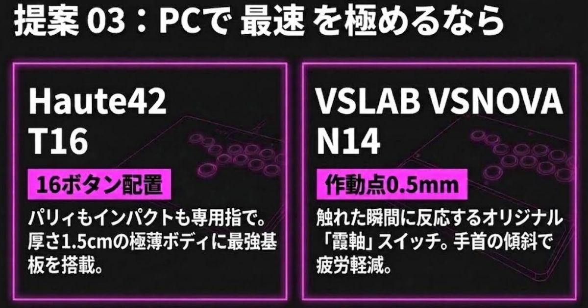 提案03:PCで最速を極めるなら16ボタンのHaute42 T16か、作動点0.5mmのVSLAB VSNOVA N14