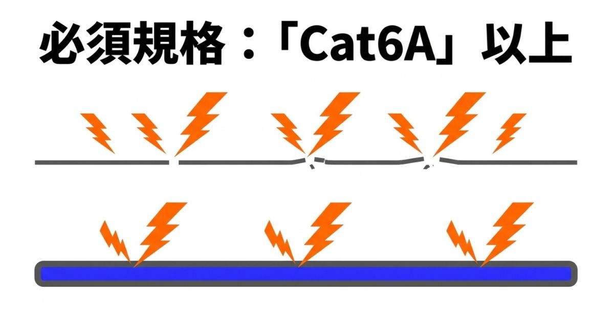 10ギガ通信にはCat6A以上の規格が必須であることを示す図