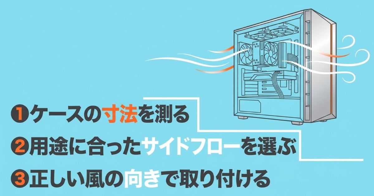 1ケースの寸法を測る、2用途に合ったサイドフローを選ぶ、3正しい風の向きで取り付ける、という3つの手順とエアフローの全体図解
