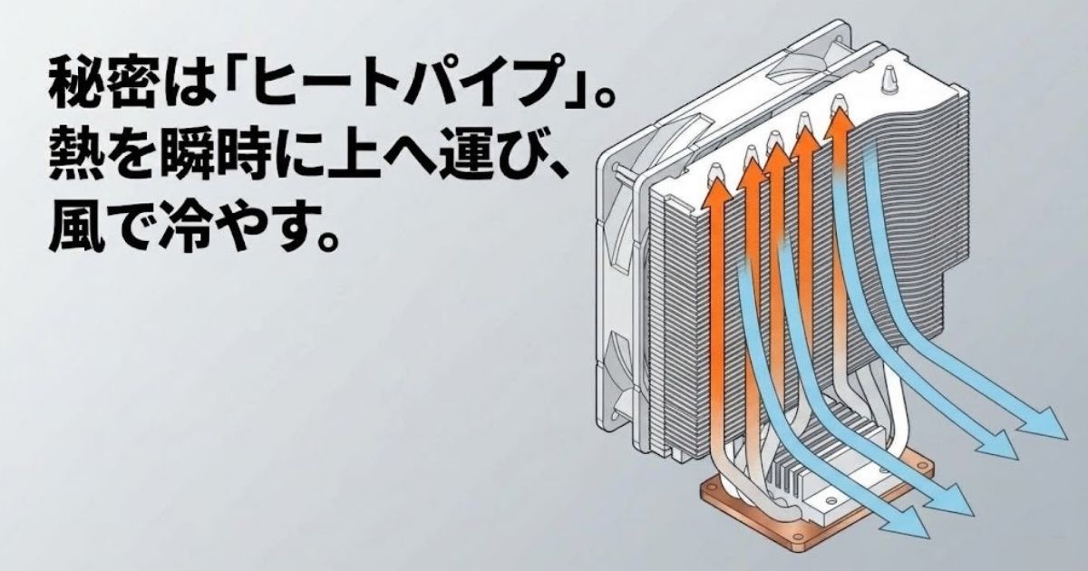 冷却の秘密はヒートパイプにあり、熱を瞬時に上へ運んで風で冷やす仕組みの図解